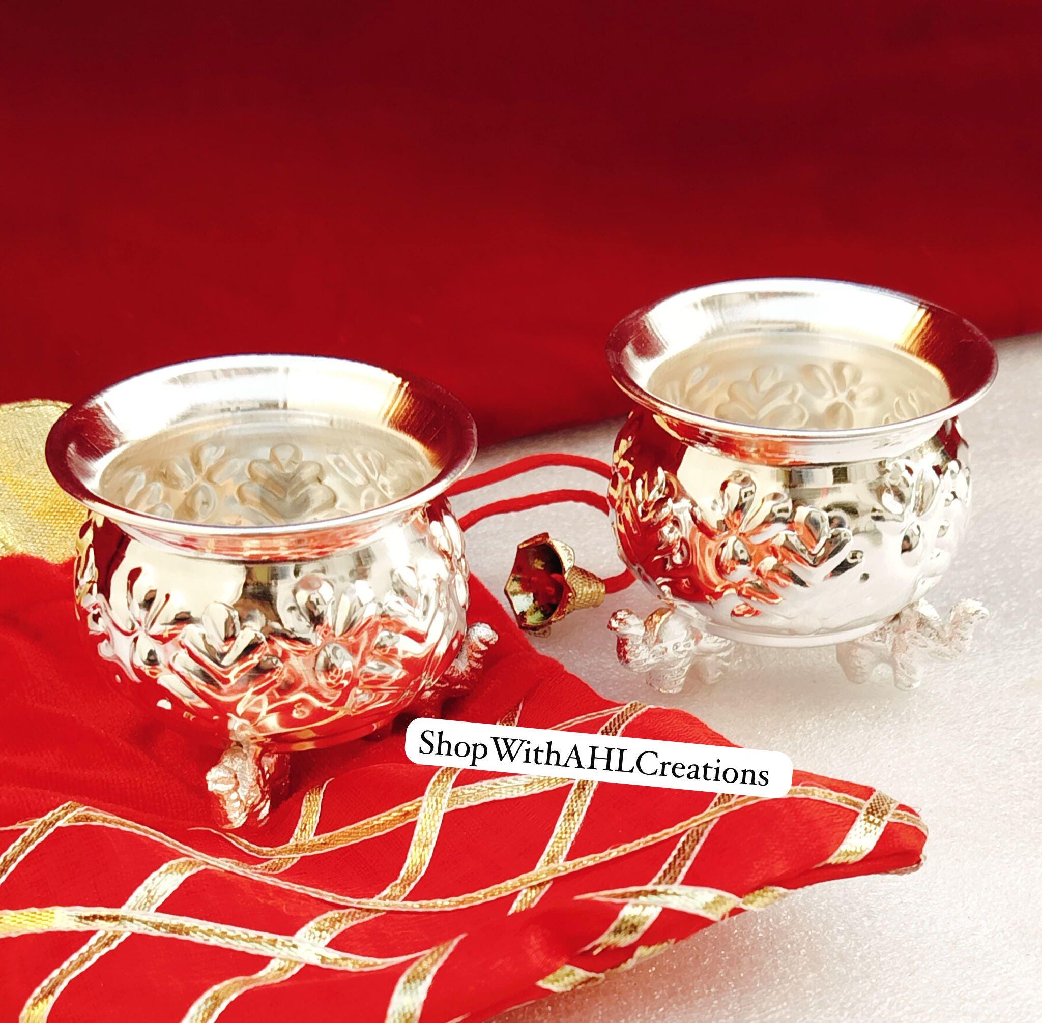 German Silver Elephant Nakkashi Cup/Bowl for Housewarming Gifts | Sravanamasam Pooja Essentials | Silver Coated Bowl with Potli Bag