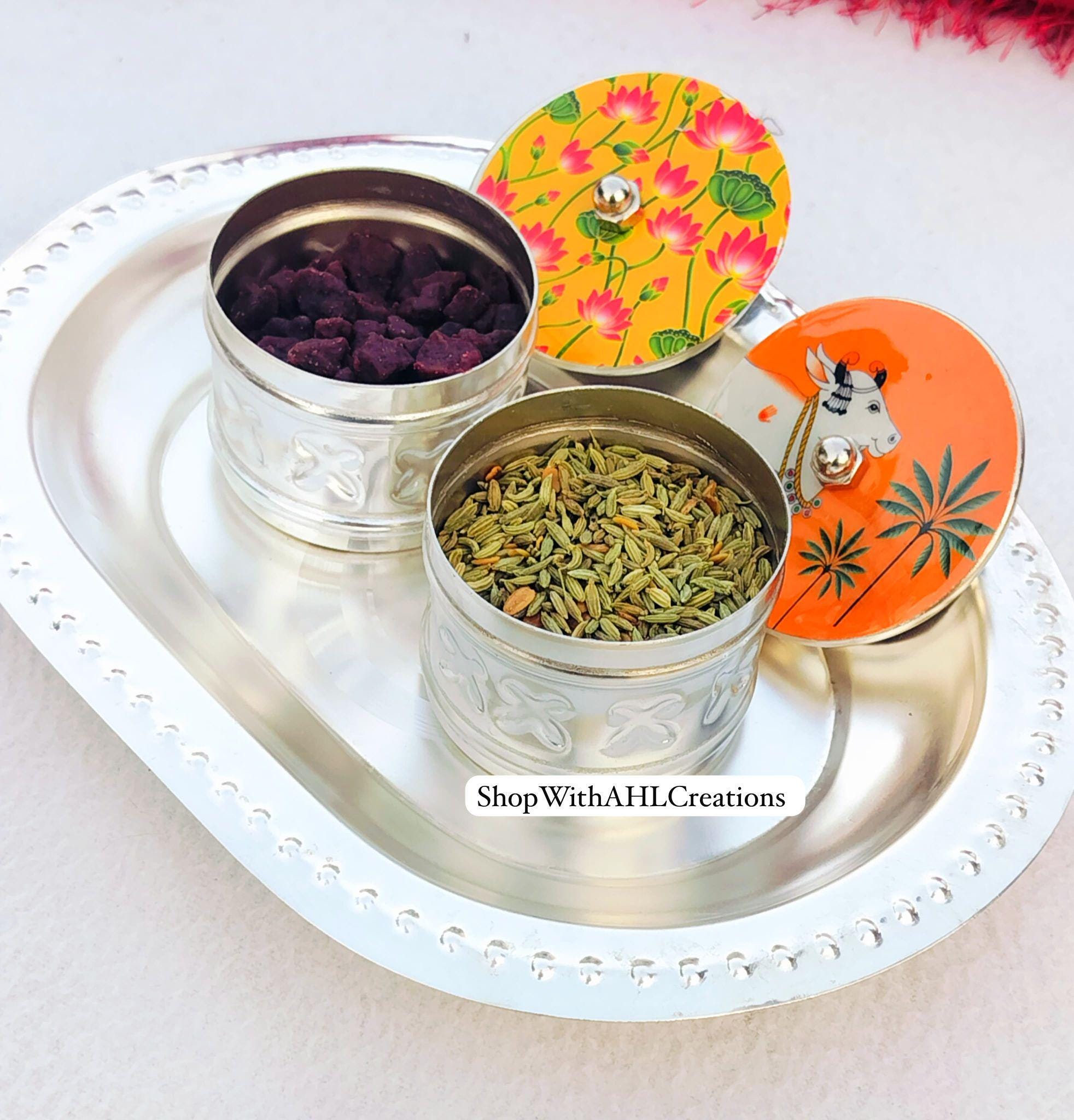 German Silver Coated Tray with Mukhwas set | Return Gifting for Housewarming | Comes with Free Potli!