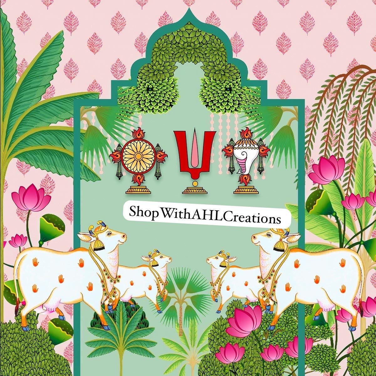 Shanku Chakra Namam Pichwai Mural Cow Art Printed Backdrop Cloth for Pooja Decoration | Housewarming | Satyanarayana Vratham Decor