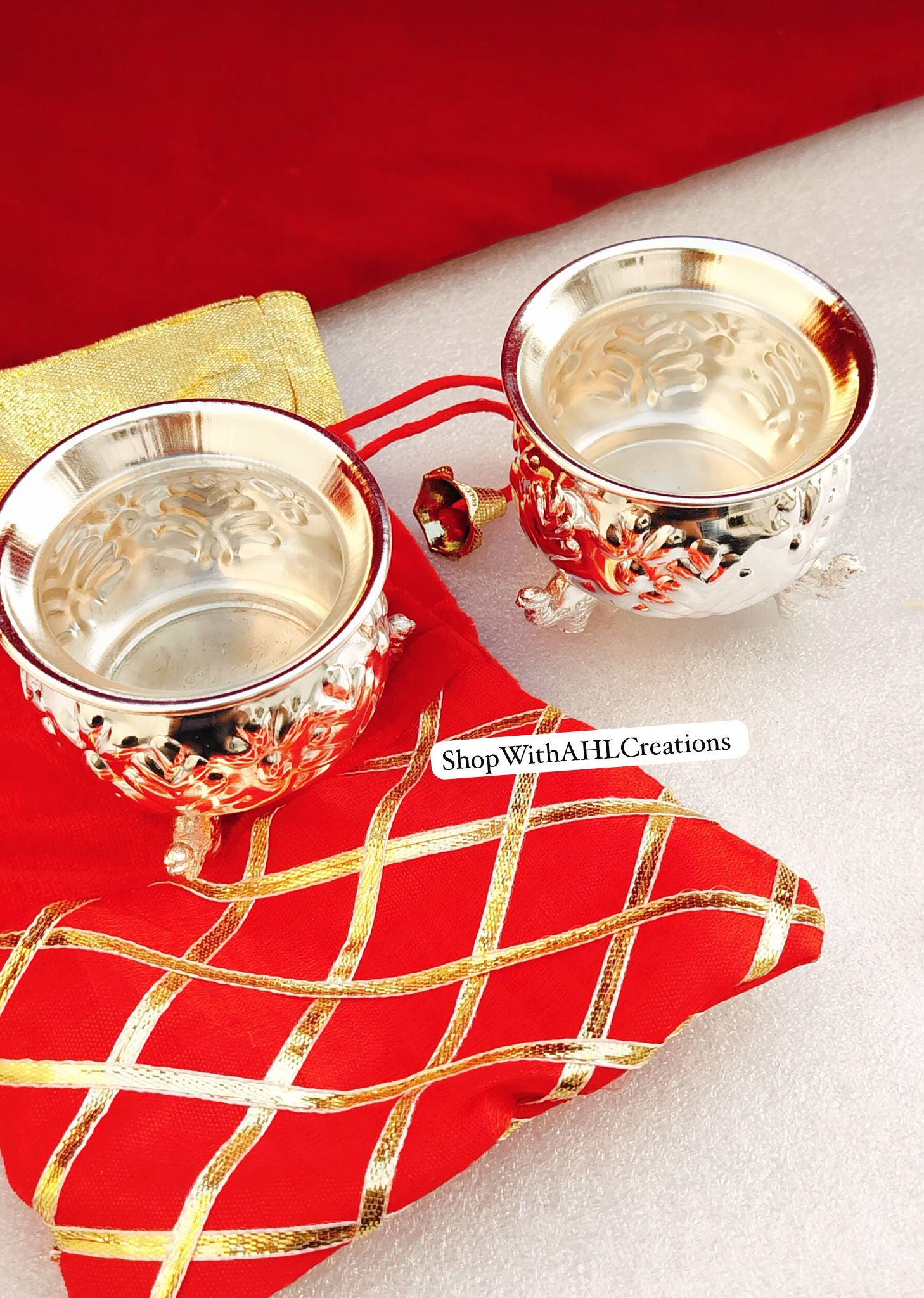 German Silver Elephant Nakkashi Cup/Bowl for Housewarming Gifts | Sravanamasam Pooja Essentials | Silver Coated Bowl with Potli Bag