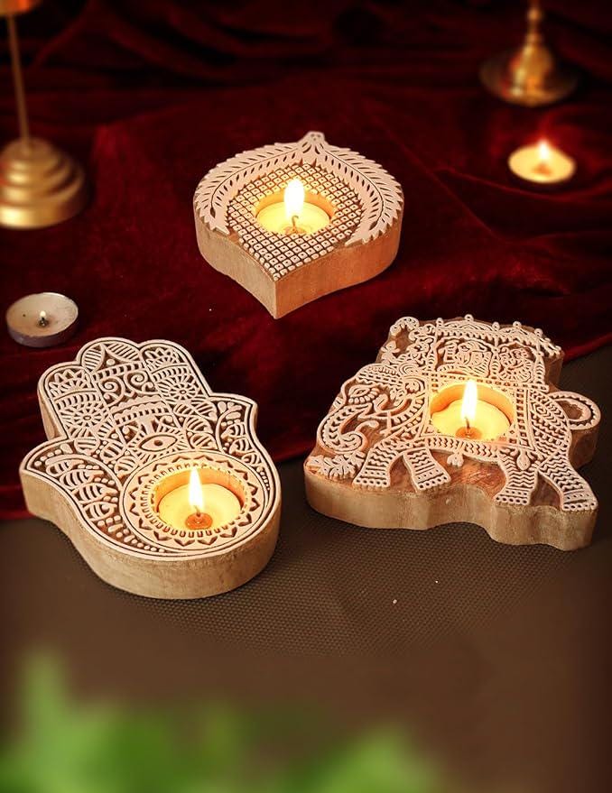 Handmade Wooden Tealight Candle Holder: Diwali Home Decor