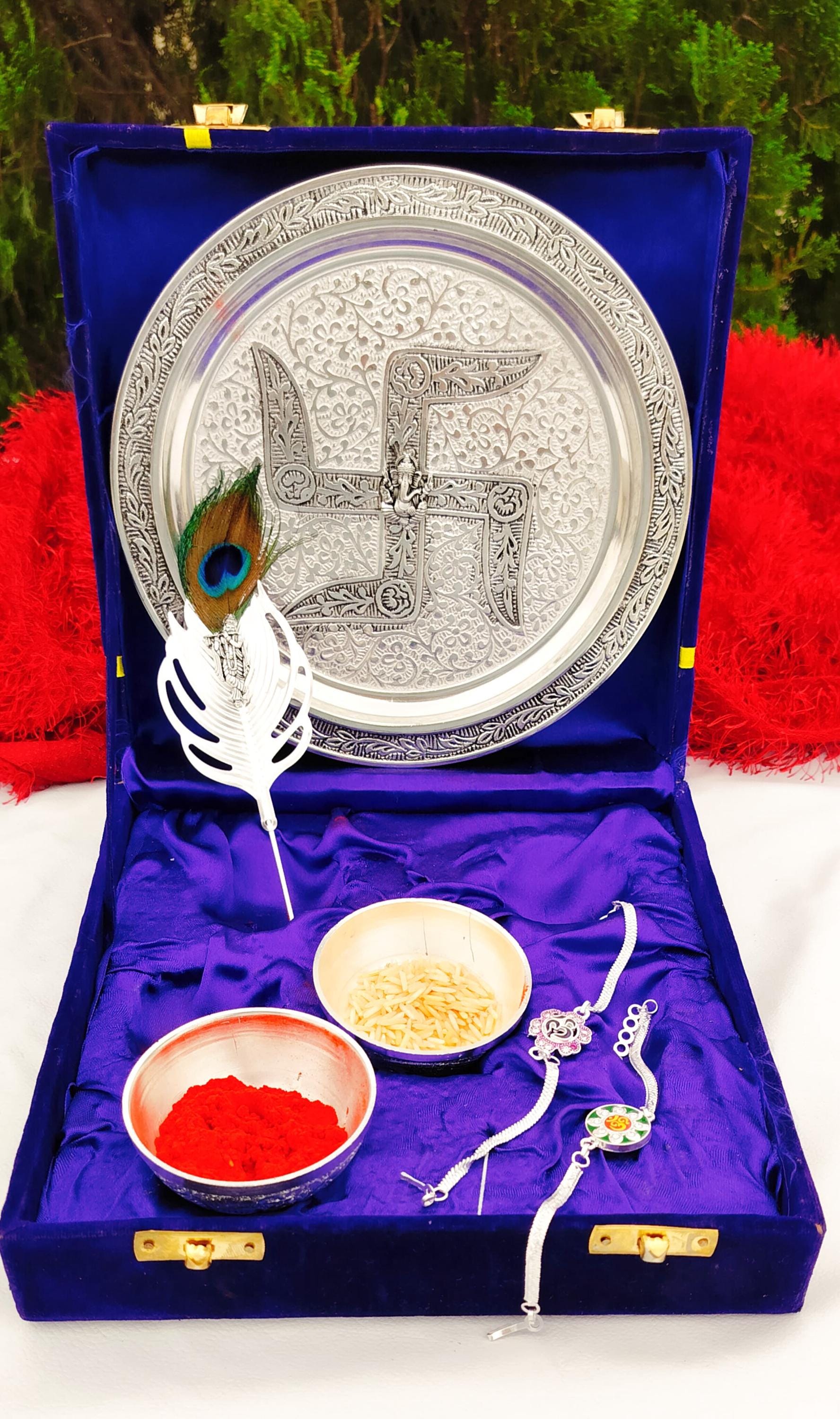 German Silver Pooja Combo Set with Velvet box
