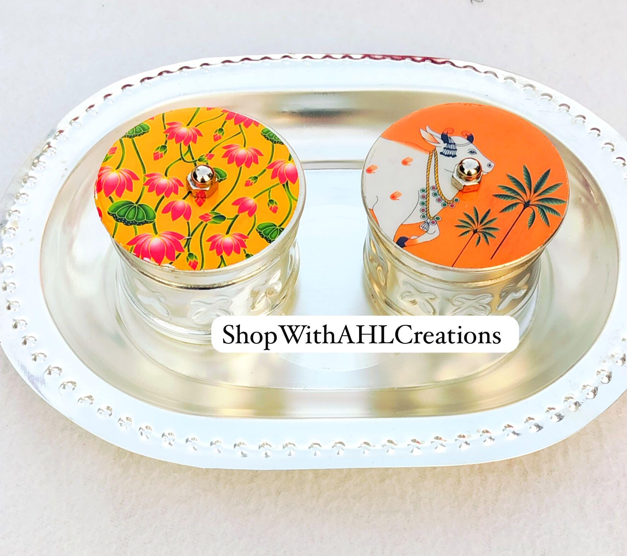 German Silver Coated Tray with Mukhwas set | Return Gifting for Housewarming | Comes with Free Potli!