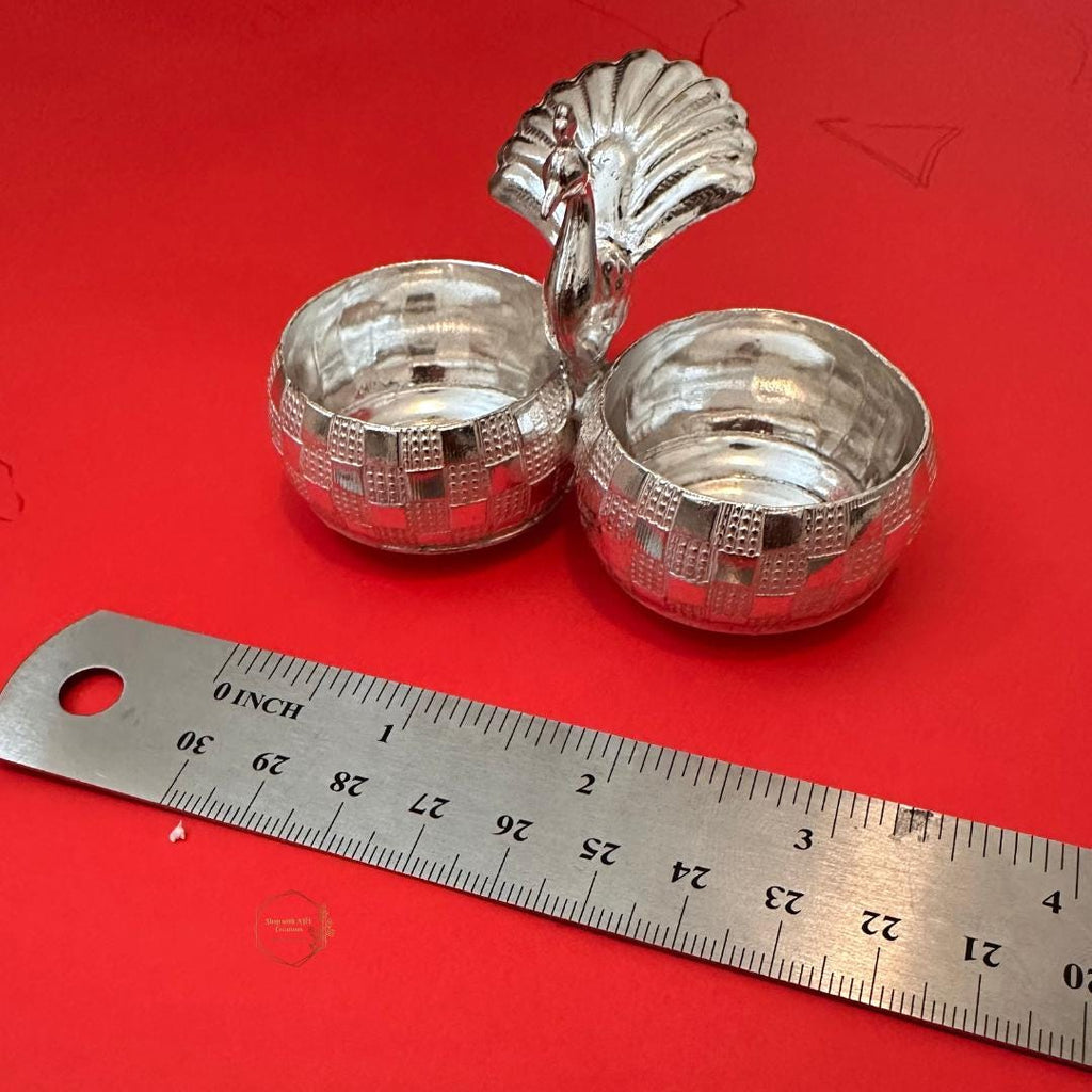 German Silver Peacock Kumkum stand (No Stones, plain carving)