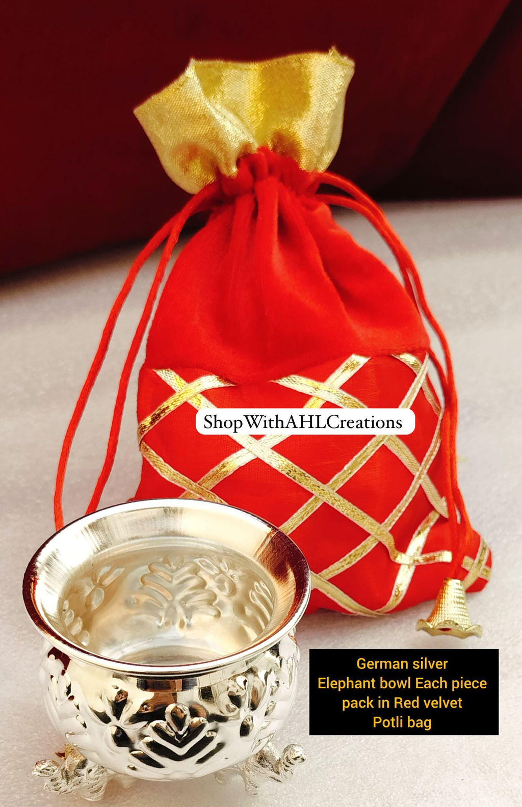 German Silver Elephant Nakkashi Cup/Bowl for Housewarming Gifts | Sravanamasam Pooja Essentials | Silver Coated Bowl with Potli Bag