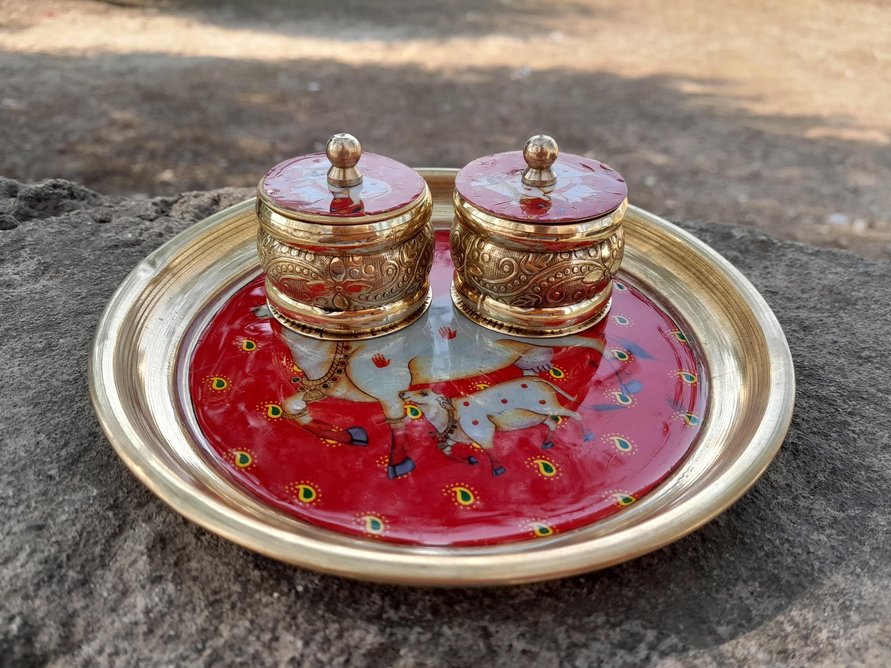 Brass Haldi kumkum Plate & Box Set for Thambulam and Gifting boxes
