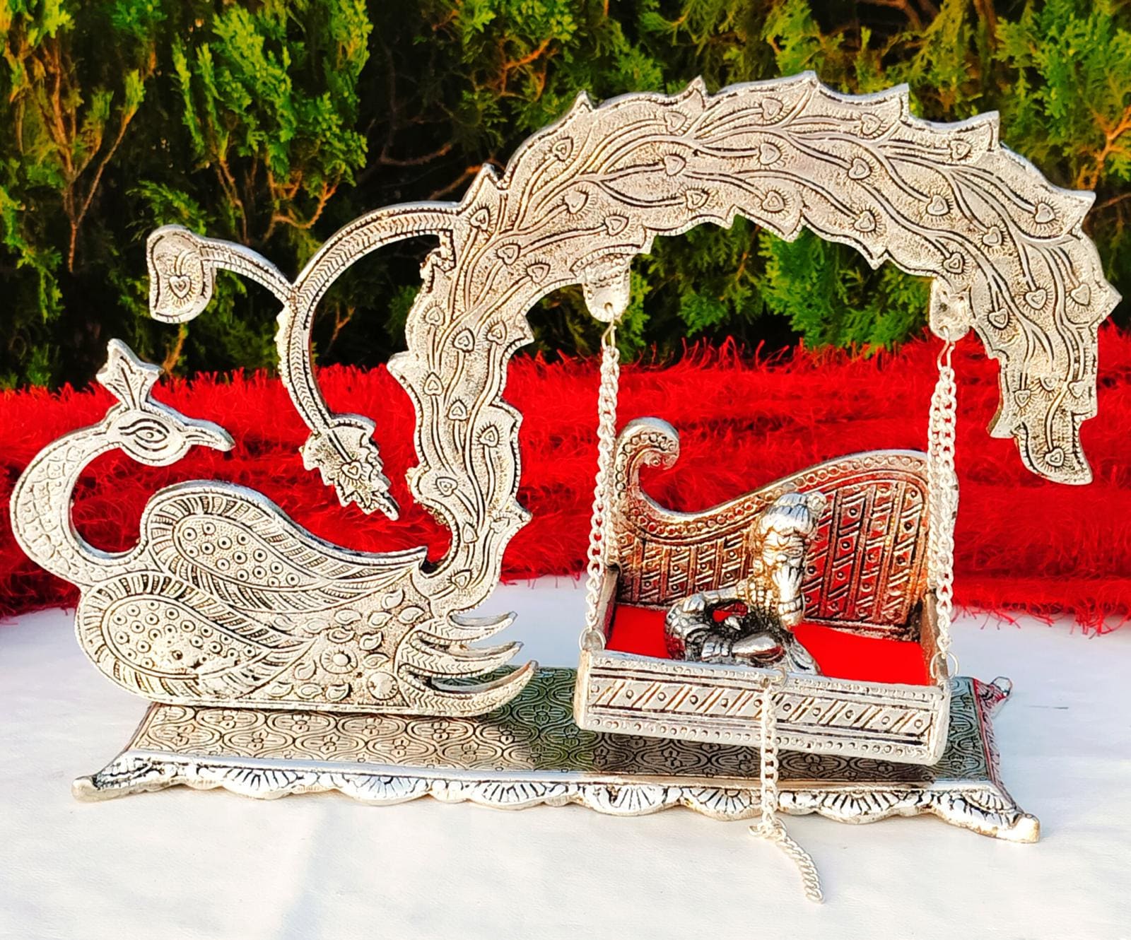 German Silver Krishan Jhula: Peacock Carving, Janmashtami Krishna Swing (12.5" x 9") and Pankh