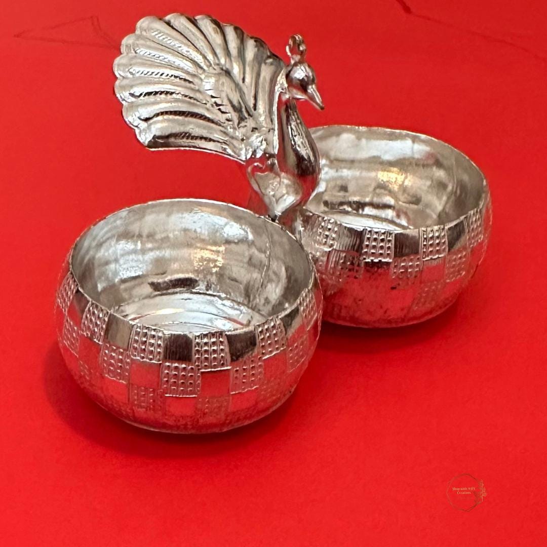 German Silver Peacock Kumkum stand (No Stones, plain carving)