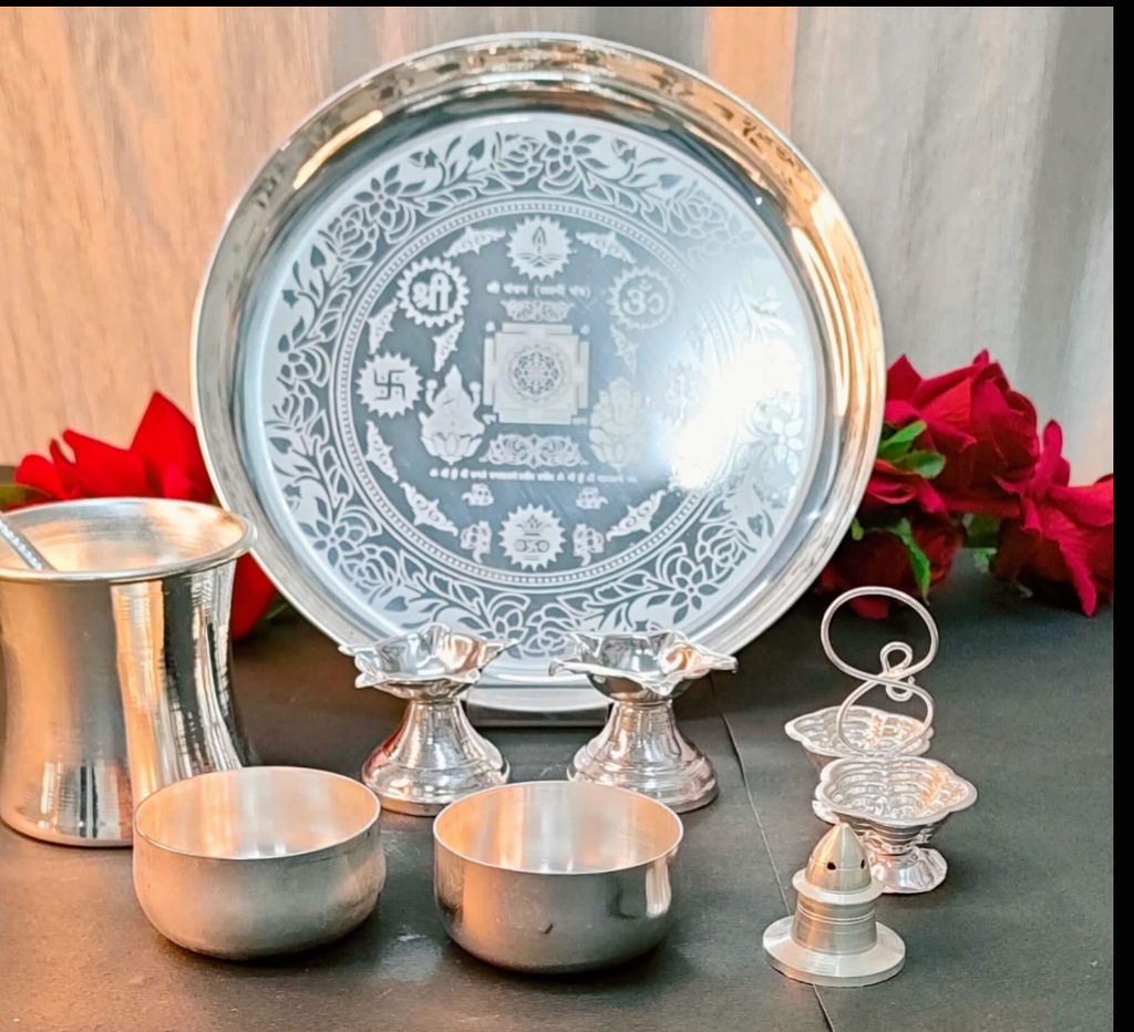 German Silver Pooja Combo Set with Velvet box