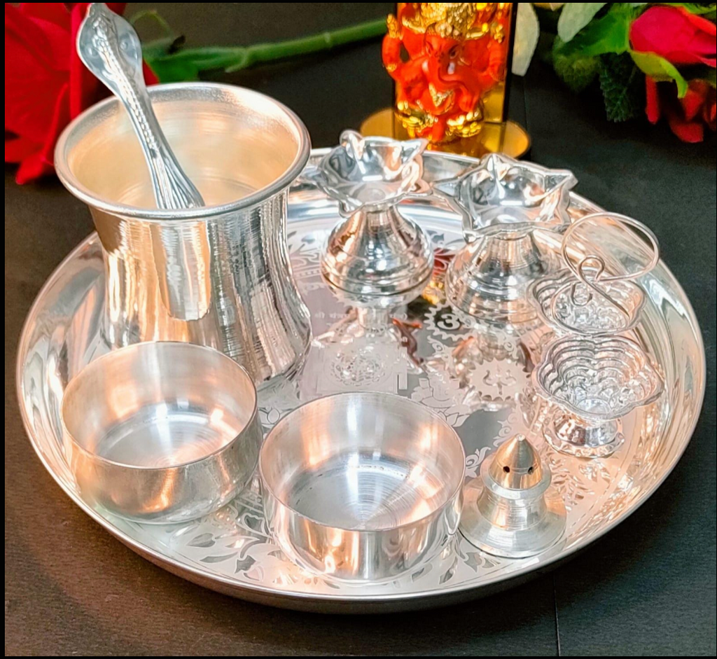 German Silver Pooja Combo Set with Velvet box