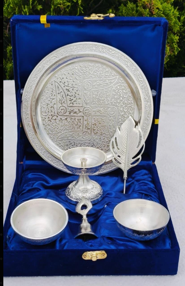German Silver Pooja Combo Set with Velvet box