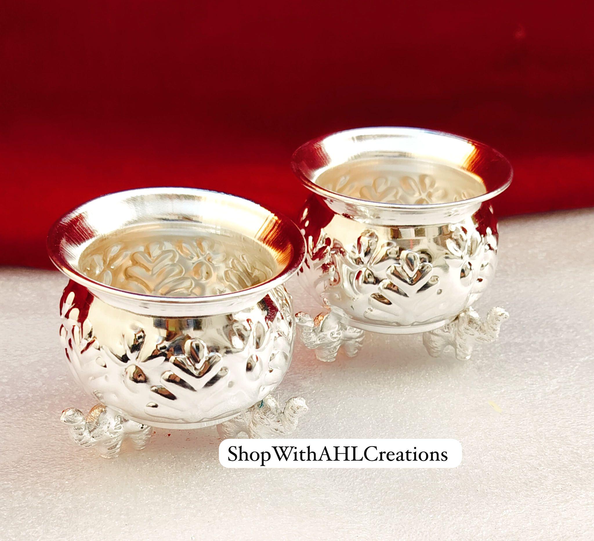 German Silver Elephant Nakkashi Cup/Bowl for Housewarming Gifts | Sravanamasam Pooja Essentials | Silver Coated Bowl with Potli Bag
