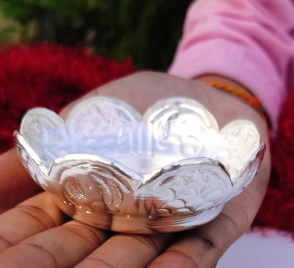 German Silver Elephant Nakkashi Cup/Bowl for Housewarming Gifts | Sravanamasam Pooja Essentials | Silver Coated Bowl with Potli Bag