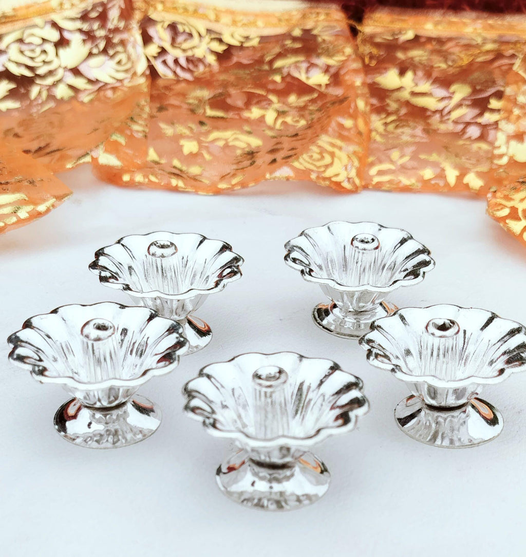 German silver Diya and Agarbathi Stand Comes with Free Potli! German Silver Daily Pooja Items | Traditional Desi Return Gifts