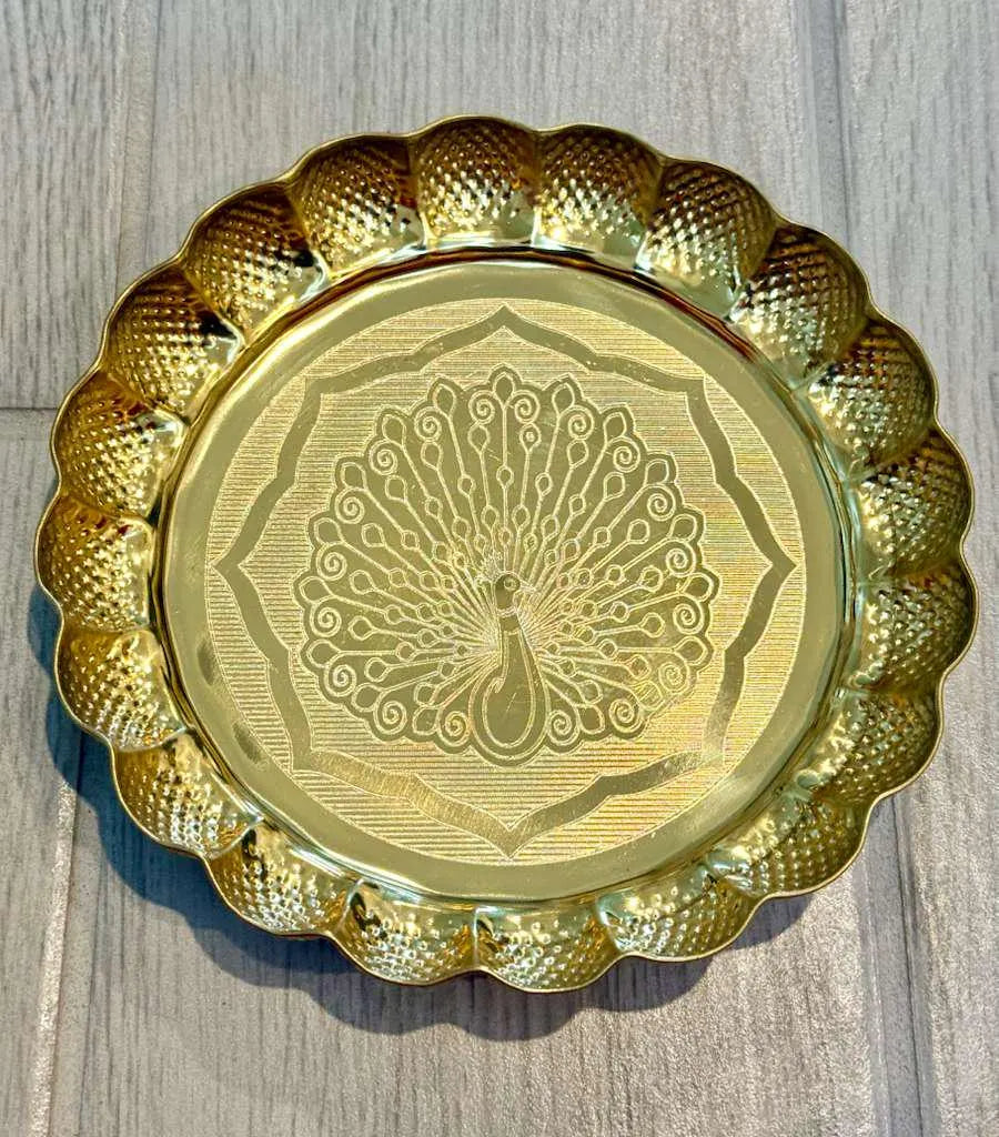 Peacock Design Brass Tray, Pooja Thali for Home Decor, Peacock design Plate